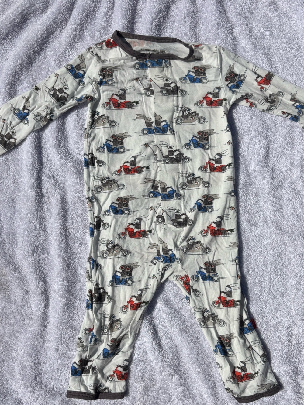 Magnetic Me White Footed Pajamas with Blue & Black Motorcycle Print